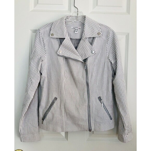 ISSAC MIZARAHI LIVE! Women's Moto Jacket Size 2 Full Zip Striped Grey/White - Picture 1 of 9